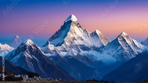 Breathtaking panoramic view of ama dablam summit and snow capped peaks after sunset in nepal