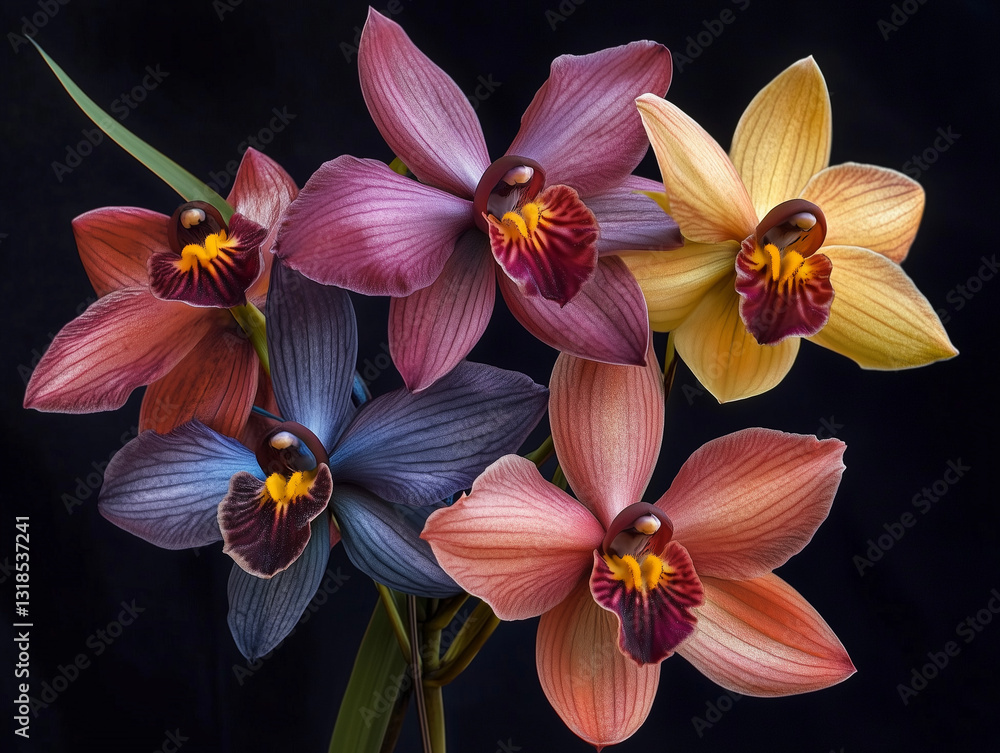 Fototapeta premium Multicolored orchids with unique textures on black background.
