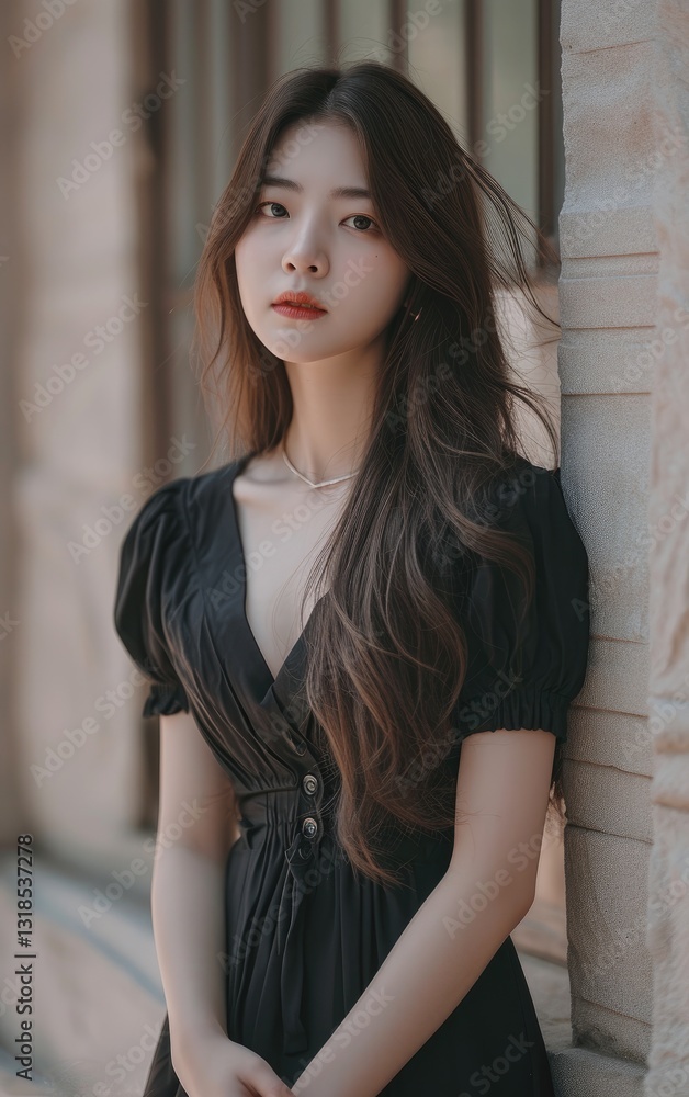 Fototapeta premium Young woman with long brown hair wears a black dress and poses calmly against a stone wall outdoors.
