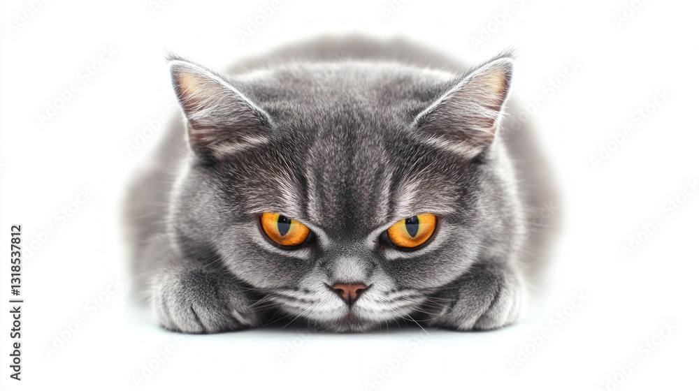Fototapeta premium Gray Cat with Striking Yellow Eyes Laying on White Background