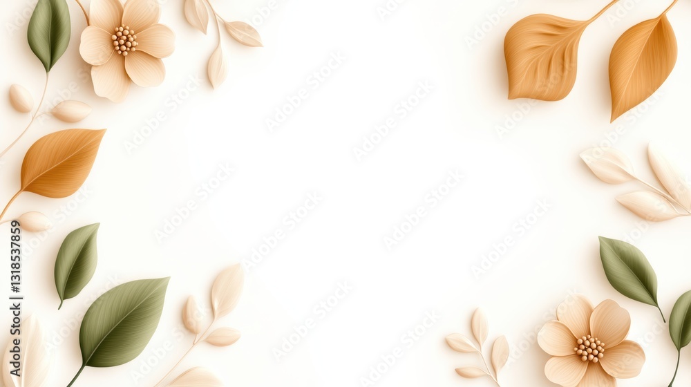 A soft, aesthetic border featuring beige and green leaves and flowers on a blank background, ideal for designs and invitations. A soft, aesthetic border featuring beige and green leaves and flowers on a blank background, ideal for designs and invitations.