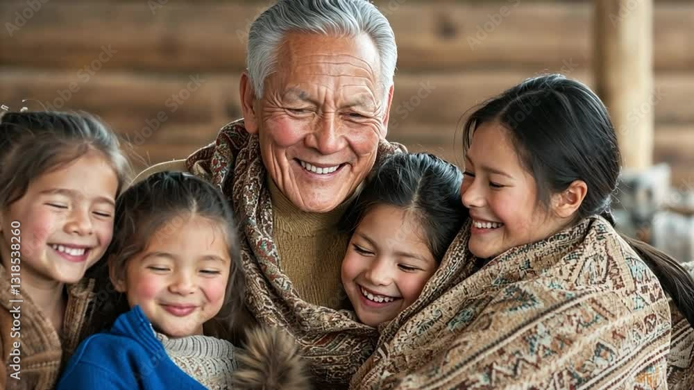 Generational Love: A grandfather enveloped in a warm embrace with his granddaughters, all beaming with genuine happiness, revealing the strength of family ties. Generational Love: A grandfather enveloped in a warm embrace with his granddaughters, all beaming with genuine happiness, revealing the strength of family ties.