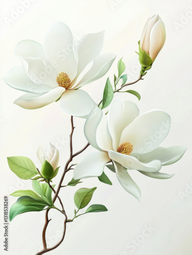 White magnolia flower, isolated on white background, 