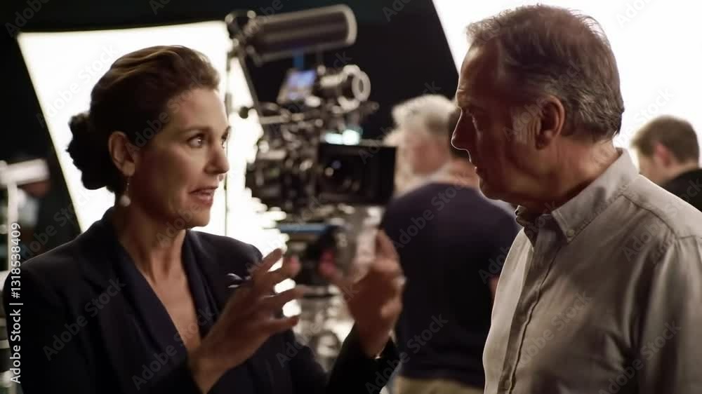 A Behind-the-Scenes Look at Two Experienced filmmakers Engaged in a Conversation During a Movie Production in a Studio Setting A Behind-the-Scenes Look at Two Experienced filmmakers Engaged in a Conversation During a Movie Production in a Studio Setting