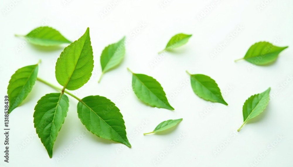 Fototapeta premium delicate green leaves scattered on white surface, isolation, photography, flower