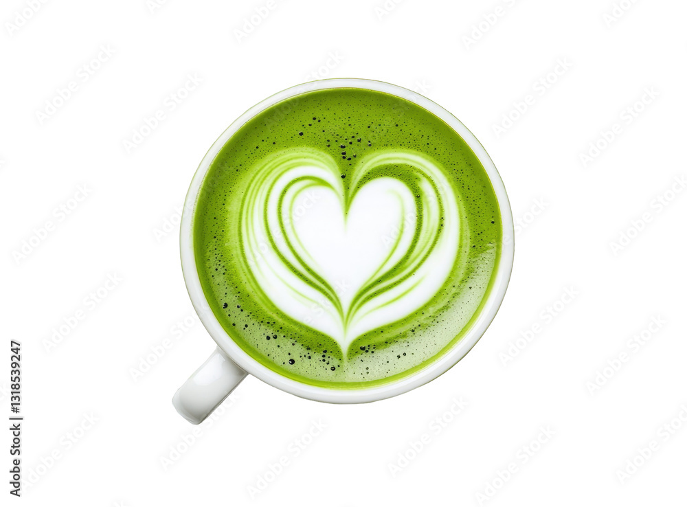Top view of matcha latte with heart foam art Top view of matcha latte with heart foam art