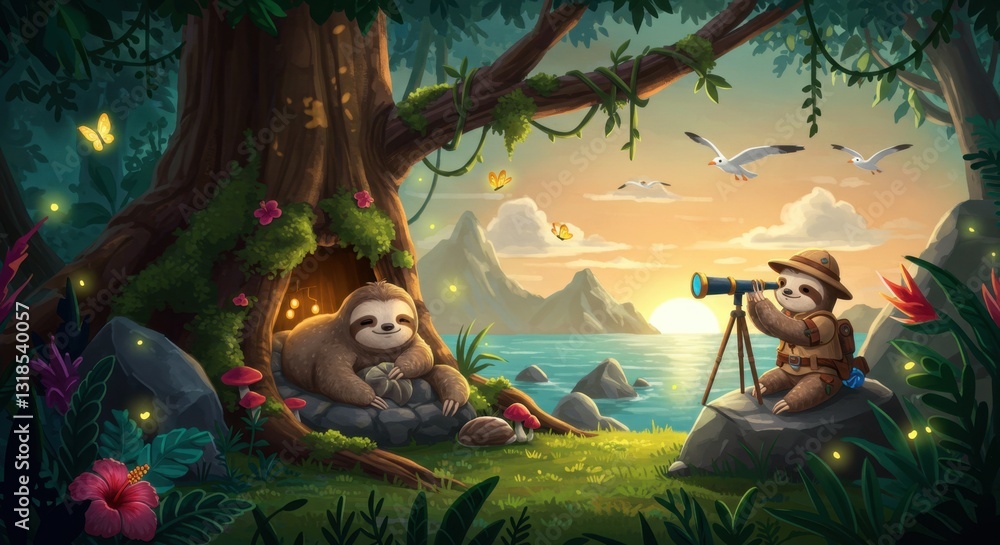 Obraz premium A tranquil scene featuring two sloths in a vibrant jungle, one observing through a telescope while the other relaxes near a cave, with a sunset and mountains in the background