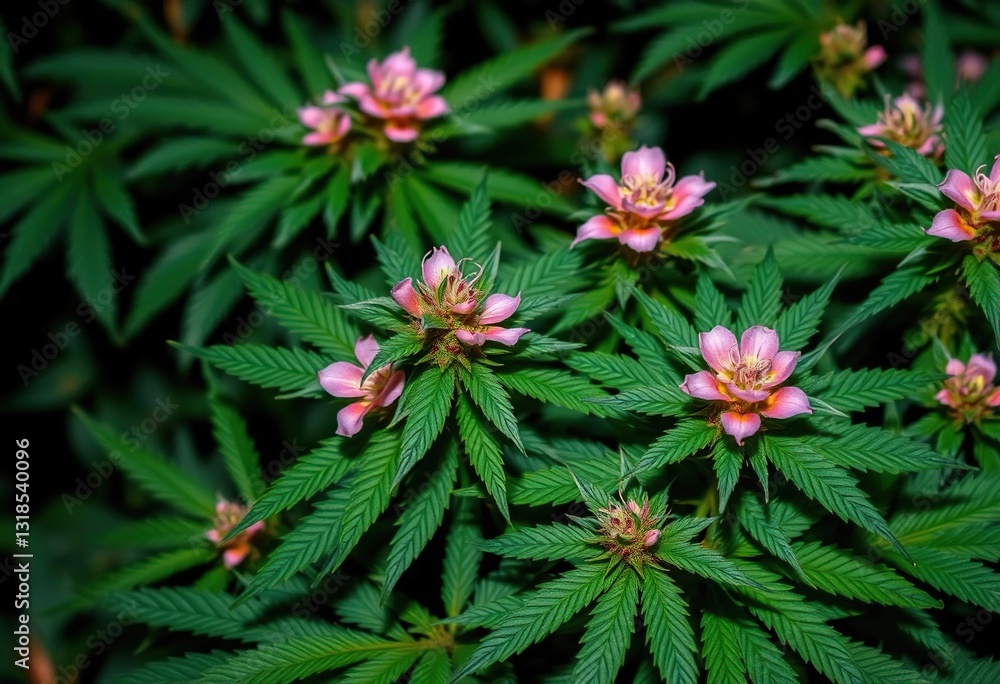 Lush green cannabis plant with vibrant pink blossoms, healthy foliage, green, variety Lush green cannabis plant with vibrant pink blossoms, healthy foliage, green, variety
