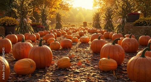 A vibrant autumn scene featuring a pumpkin patch with bright orange pumpkins surrounded by colorful foliage