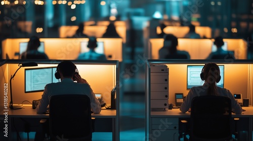 Busy call center agents work late at computers. AI generated