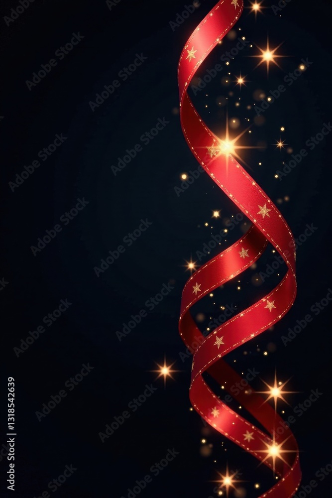 Obraz premium Swirl ribbons with Christmas stars on a black background, starry night, swirl ribbon, winter wonderland