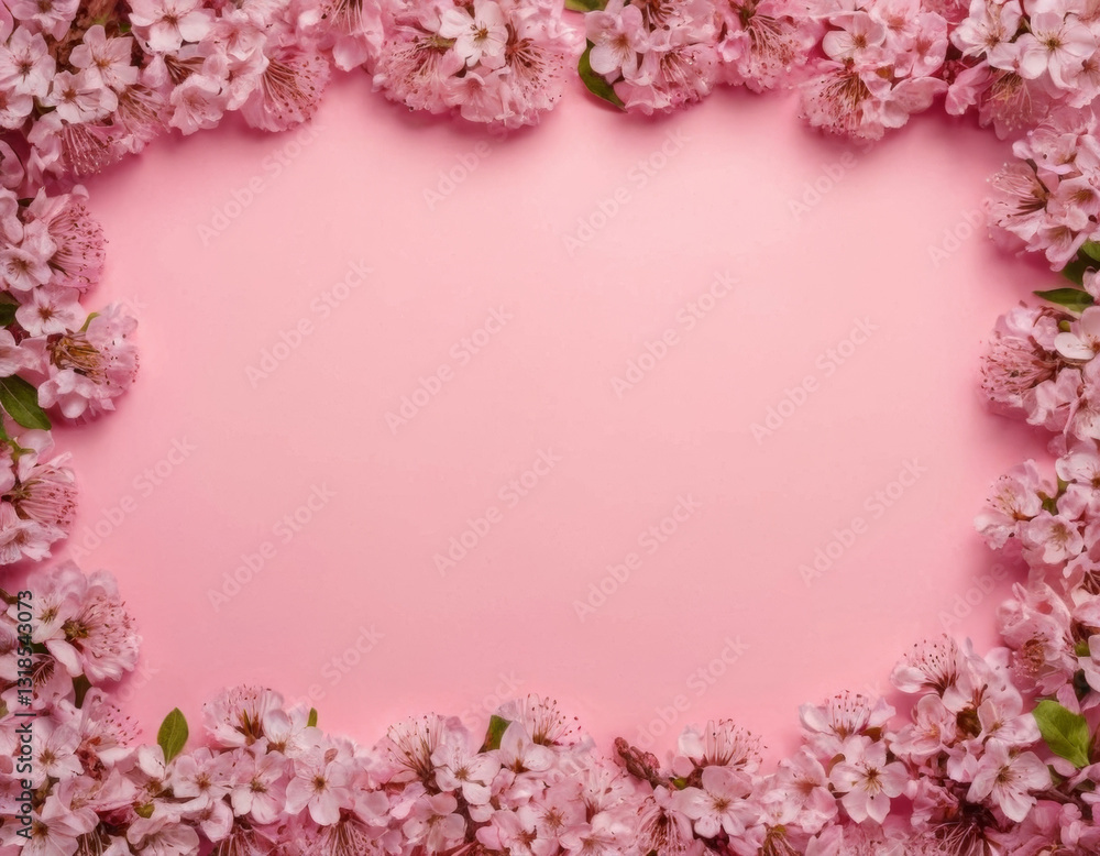 Beautiful spring tree blossoms frame on pink background, flat lay, top view Beautiful spring tree blossoms frame on pink background, flat lay, top view