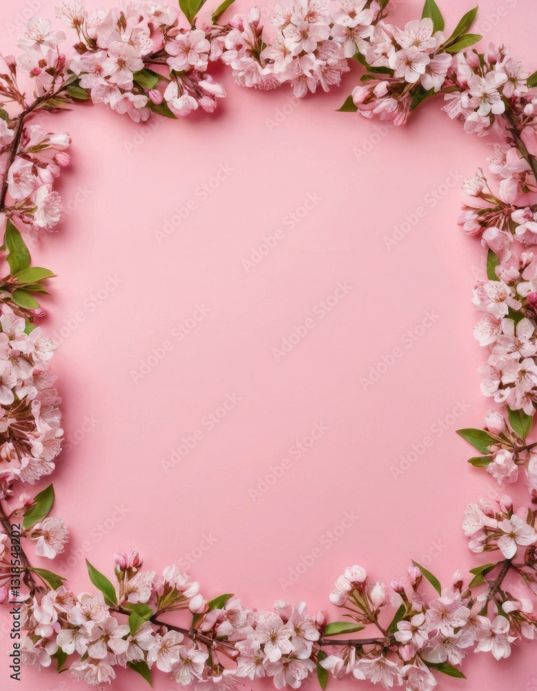 Beautiful spring tree blossoms frame on pink background, flat lay, top view Beautiful spring tree blossoms frame on pink background, flat lay, top view