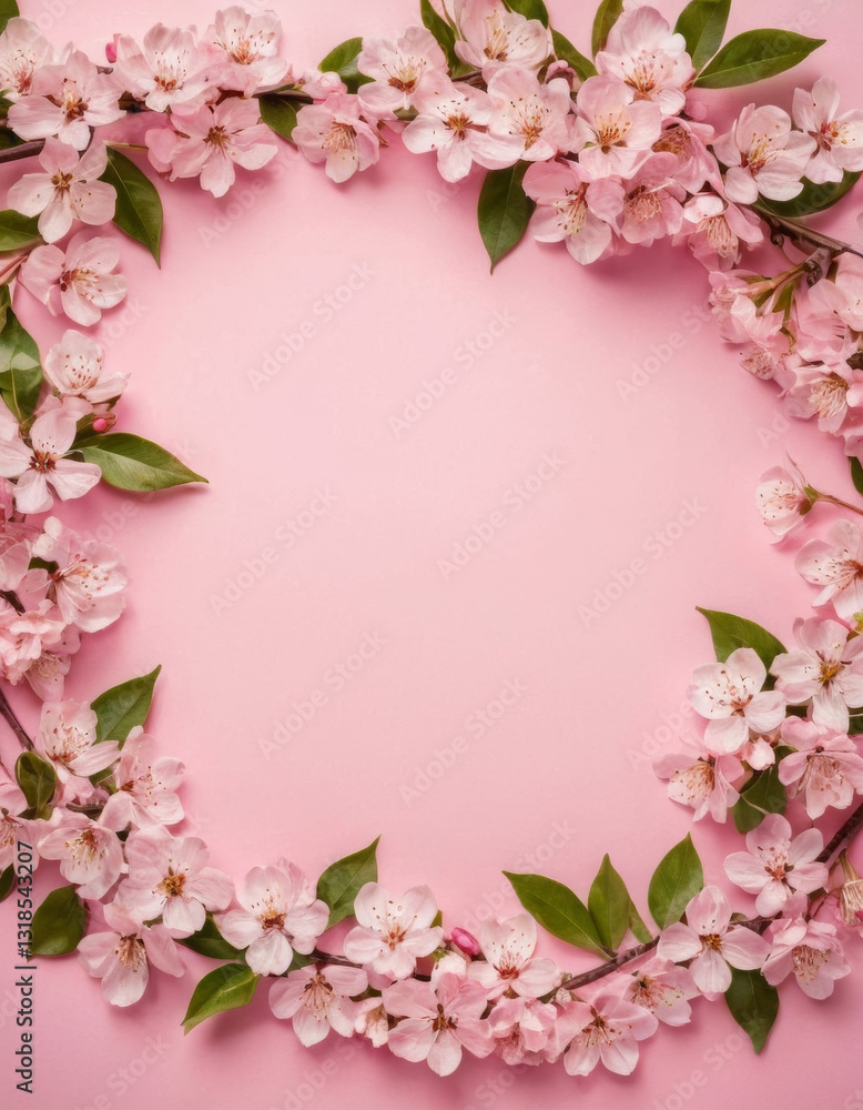 Beautiful spring tree blossoms frame on pink background, flat lay, top view Beautiful spring tree blossoms frame on pink background, flat lay, top view