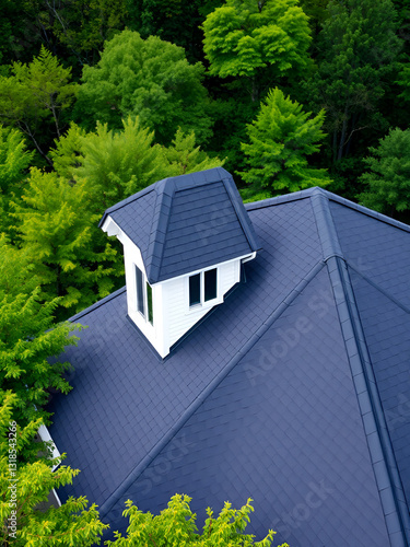 A roof topped with garret house and surrounded by numerous trees features dark asphalt shingles as its background