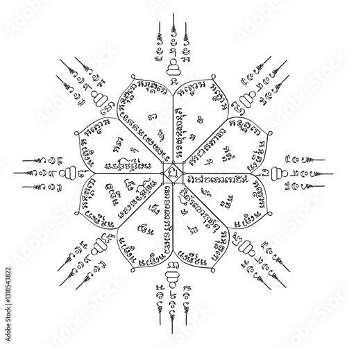 Thai traditional tattoo. The Itipiso 8 Directions Yant. Thai text translation: provide protection, safety, and good fortune.