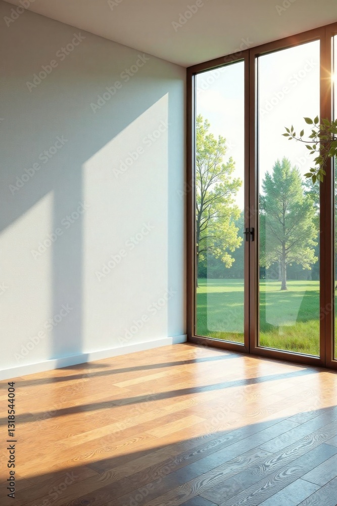 Obraz premium Minimalist room with large window and wooden floor, natural light, modern, clean