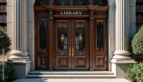 Entrance to a beautifully designed library with elegant wooden doors