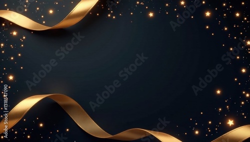 Twinkling silver stars against black backdrop with flowing golden ribbons, gold, flowy, star