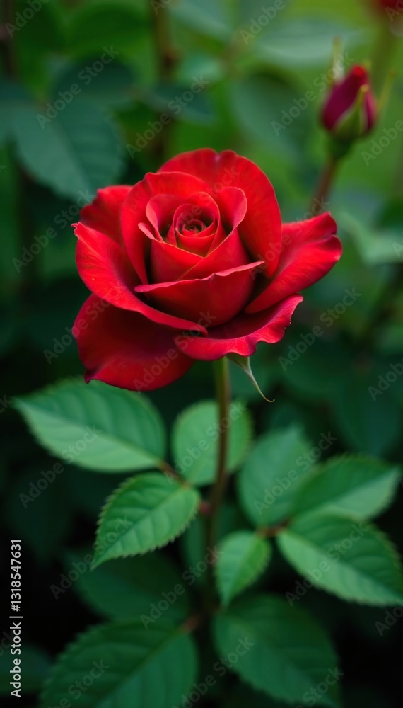 Naklejka premium Crimson rose in full bloom amidst lush greenery, foliage, stems