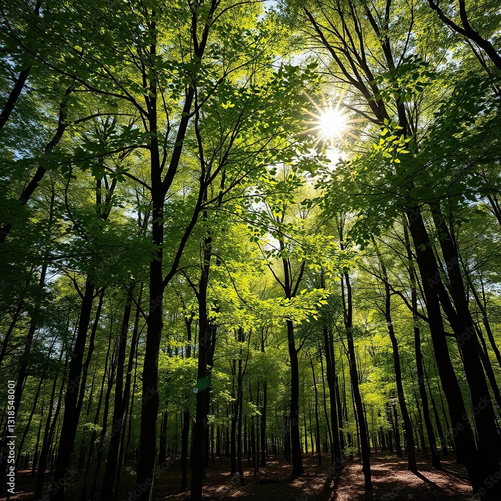 Obraz premium Dappled sunlight filters through leafy canopy above forest floor, trees, woodland, sunlight