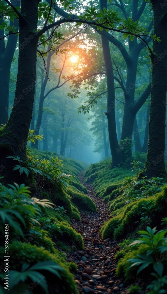 Obraz premium Mysterious forest at dusk with ferns and moss, nature, grunge, forest