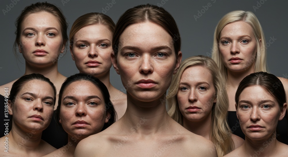 Obraz premium Group of diverse women with varying expressions posing together against a neutral background