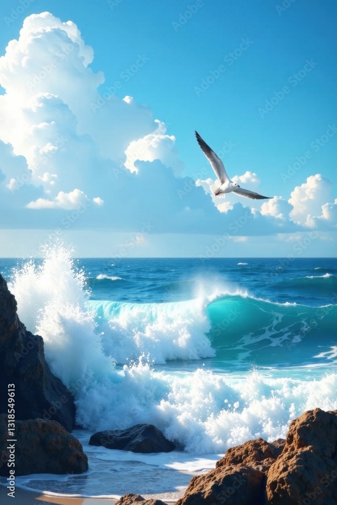 Ocean waves crashing against a rocky shore with seagulls flying overhead, ocean, wildlife, waves Ocean waves crashing against a rocky shore with seagulls flying overhead, ocean, wildlife, waves