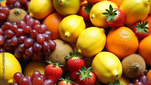 Fresh fruits including strawberries, lemons, oranges, grapes, and a kiwi, showcasing vibrant colors Generated by AI