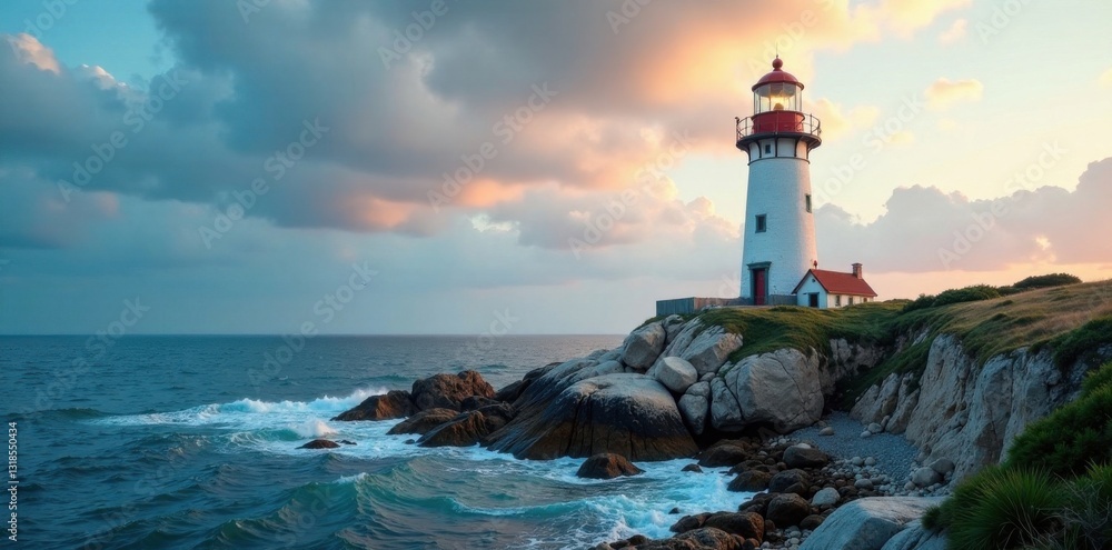 Naklejka premium Old lighthouse standing alone on rocky shoreline, monochrome, rugged, lighthouse