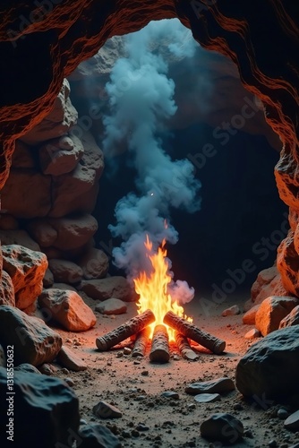 Smoke rises from a cave fire as stone tools lie scattered around it, smoke, cavemen, ancient
