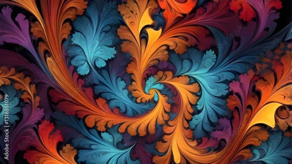 Vibrant Fractal Art with Flowing Feather-Like Patterns in Warm and Cool Hues Vibrant Fractal Art with Flowing Feather-Like Patterns in Warm and Cool Hues