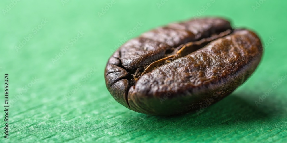 Obraz premium A Single Roasted Coffee Bean Close-Up, Rich Brown Hues Against a Green Surface