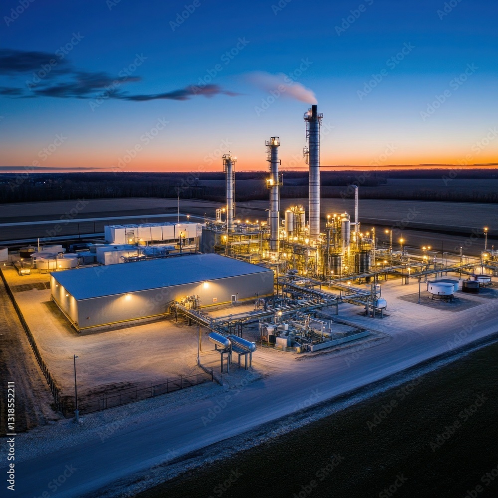 Fototapeta premium A drone shot of a natural gas field with flaring stacks and extraction equipment.