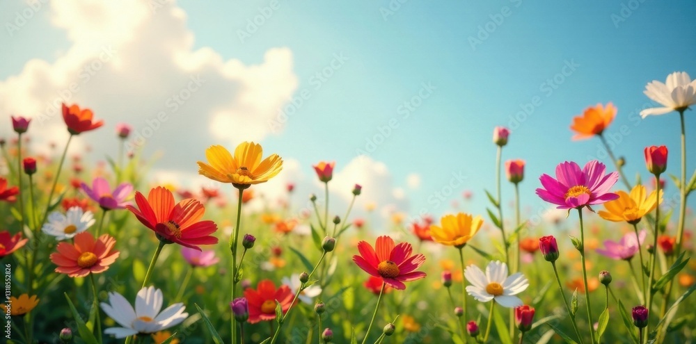 Vibrant wildflowers swaying gently in the breeze , summer blooms, colorful meadow, insects Vibrant wildflowers swaying gently in the breeze , summer blooms, colorful meadow, insects