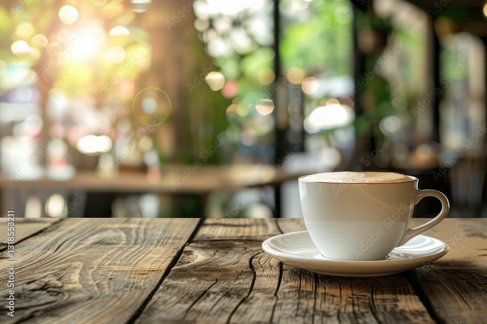 Flawless Visual of Cup of Coffee on Wooden Desk in Caf Flawless Visual of Cup of Coffee on Wooden Desk in Caf