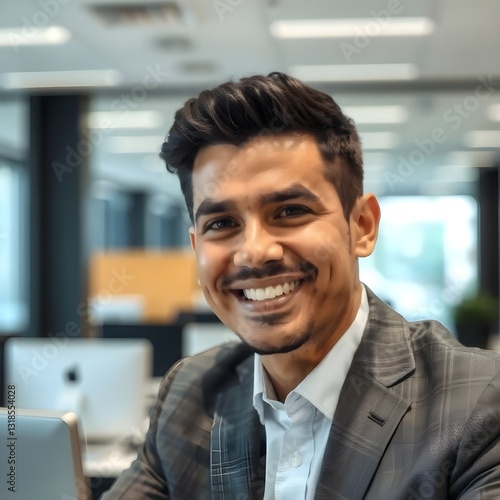 Esta es una gran foto para Photoshop, y un hombre hispano viste un traje y trabaja en la oficina de una empresa mientras sonríe.