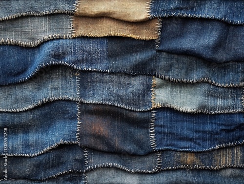 Raw Denim Fabric Texture with Natural Indigo Dye Variations and Stitching Detail Accents