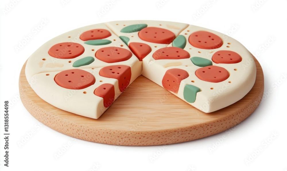 Sliced Clay Pizza Model in 3D Style on Wooden Cutting Board Sliced Clay Pizza Model in 3D Style on Wooden Cutting Board
