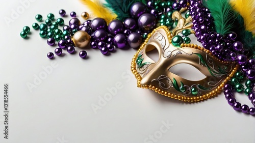 Frame of Mardi Gras mask and beads isolated on white background. photo