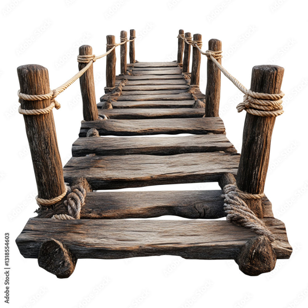 Naklejka premium An aged, rustic wooden plank bridge with rope railings extends into the distance isolated on a pure transparent background for journey concepts.
