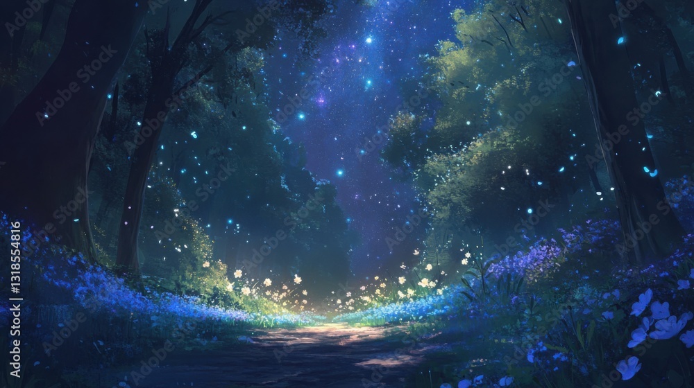 A mesmerizing view of a dark forest clearing, filled with flowers under a sky bursting with twinkling stars. The constellations shine brightly, creating a surreal and peaceful scene. A mesmerizing view of a dark forest clearing, filled with flowers under a sky bursting with twinkling stars. The constellations shine brightly, creating a surreal and peaceful scene.