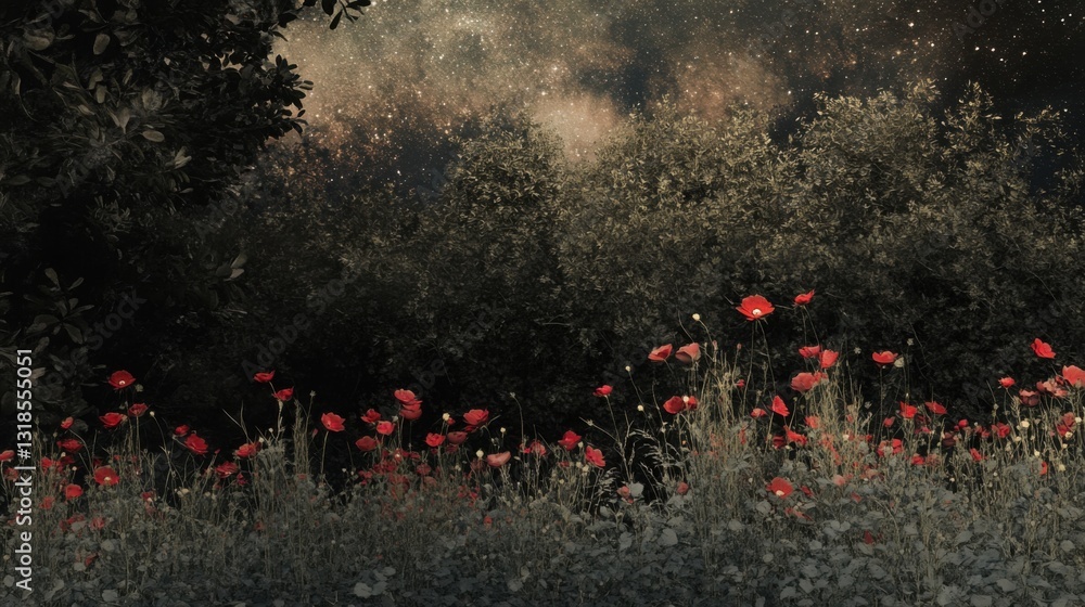 Obraz premium A mystical forest glade bathed in starlight, where soft petals of wildflowers shimmer under the cosmic glow. The sky is filled with shooting stars and nebulae.