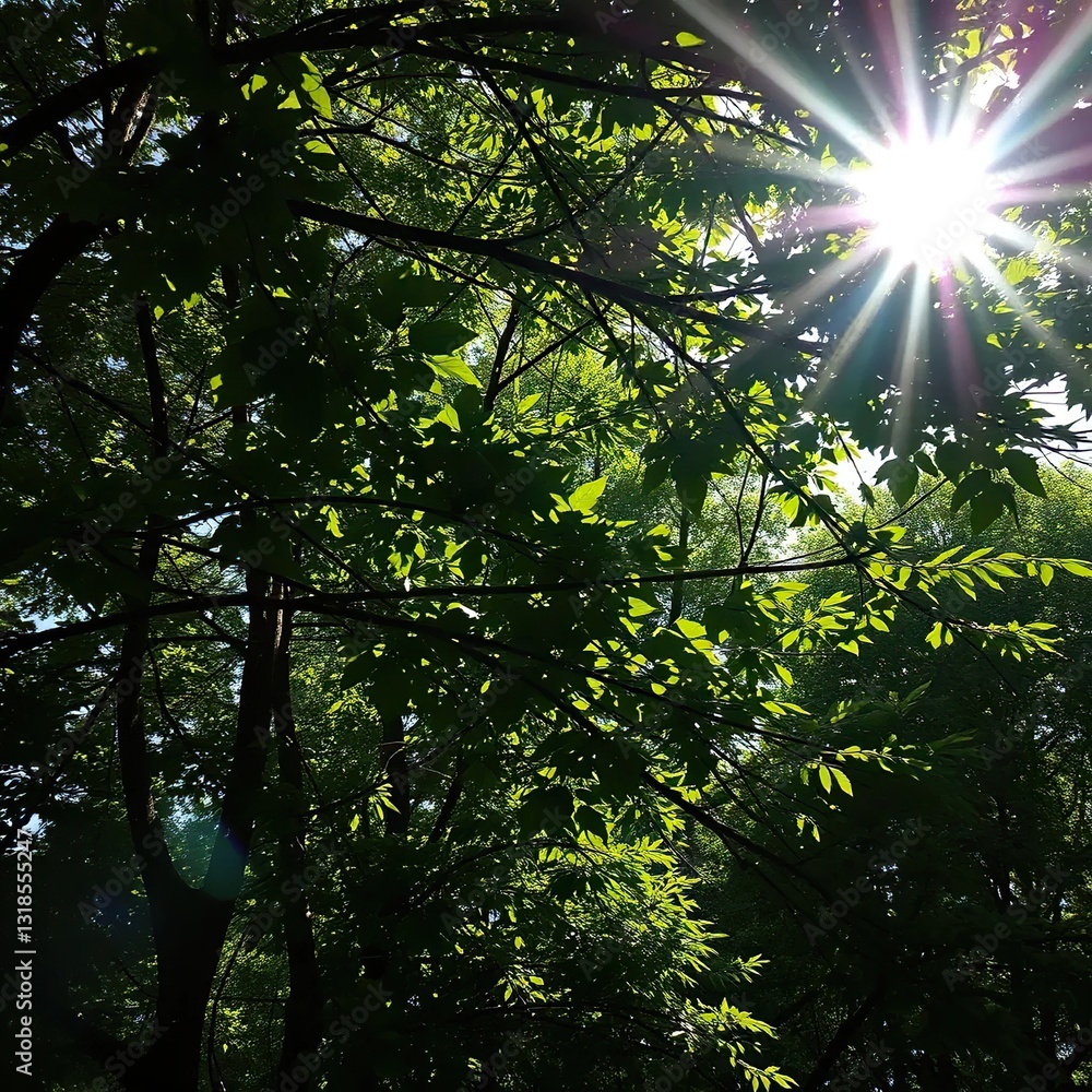 Obraz premium Dappled sunlight filtering through dense foliage, branches, shade