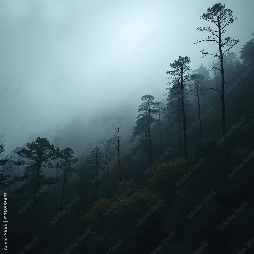 Fototapeta premium Dark forest with misty fog rolling down hillside, trees, mood