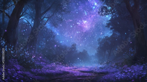 An enchanting nighttime landscape featuring a flower-covered forest floor beneath a dazzling sky of deep blues and purples, filled with constellations and meteors.