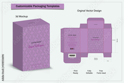 Packaging box design template layout with Box die line, 3d  Box Mockup, icon, frames and Design elements, 3d Illustration, Vector design Template.