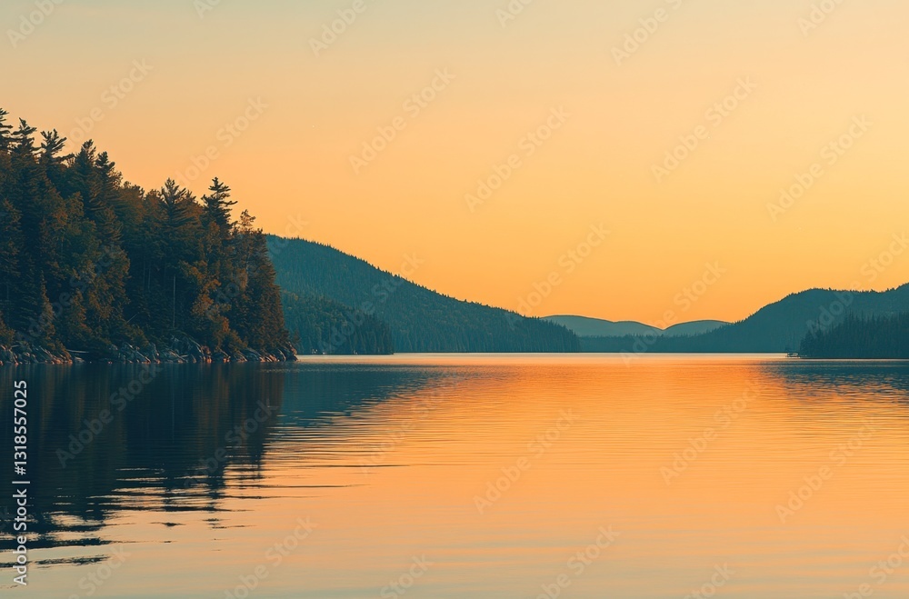 Fototapeta premium Beautiful lake with a forest and mountain background at sunset. Landscape photography of a natural scene in Canada. A panoramic view from the shore looking out over an emerald green