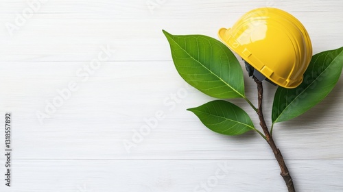 Yellow hard hat resting on a branch with green leaves, symbolizing sustainability in construction