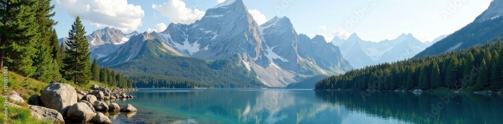 Rocky mountain range with pine trees and serene lake, tree, rock, lake Rocky mountain range with pine trees and serene lake, tree, rock, lake